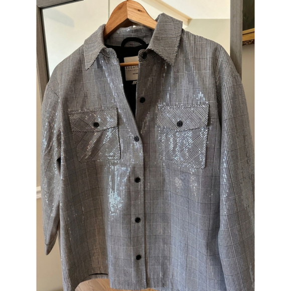 Bagatelle Sequin Plaid Shacket Jacket Medium Gray NWT - Picture 5 of 5